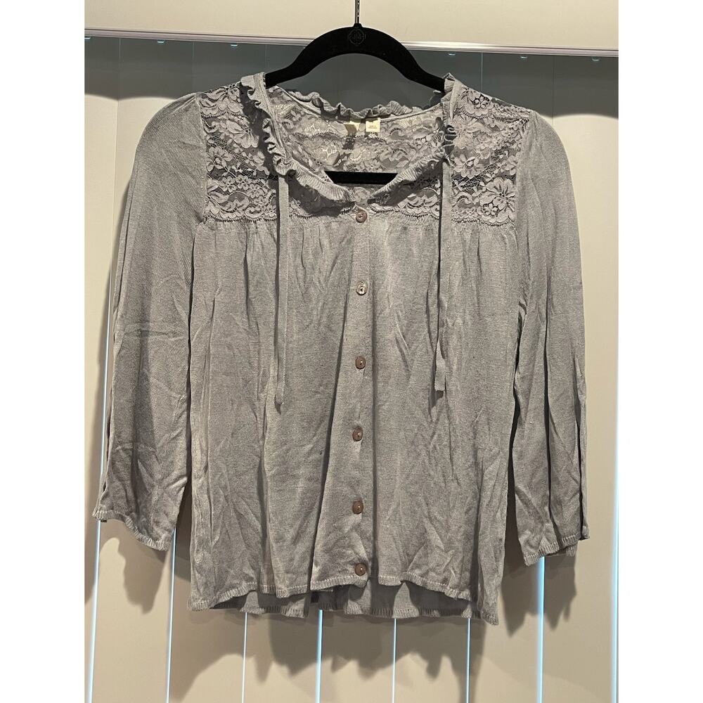 NWOT Frenchi Anthropologie Light Blue‎ Grey Lace Knit Sweater Tie Neck
